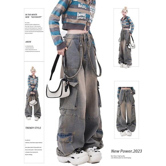 Gothic Denim Pants Women's Loose Wide Leg Stitching Casual High Rise - Picture 4 of 5